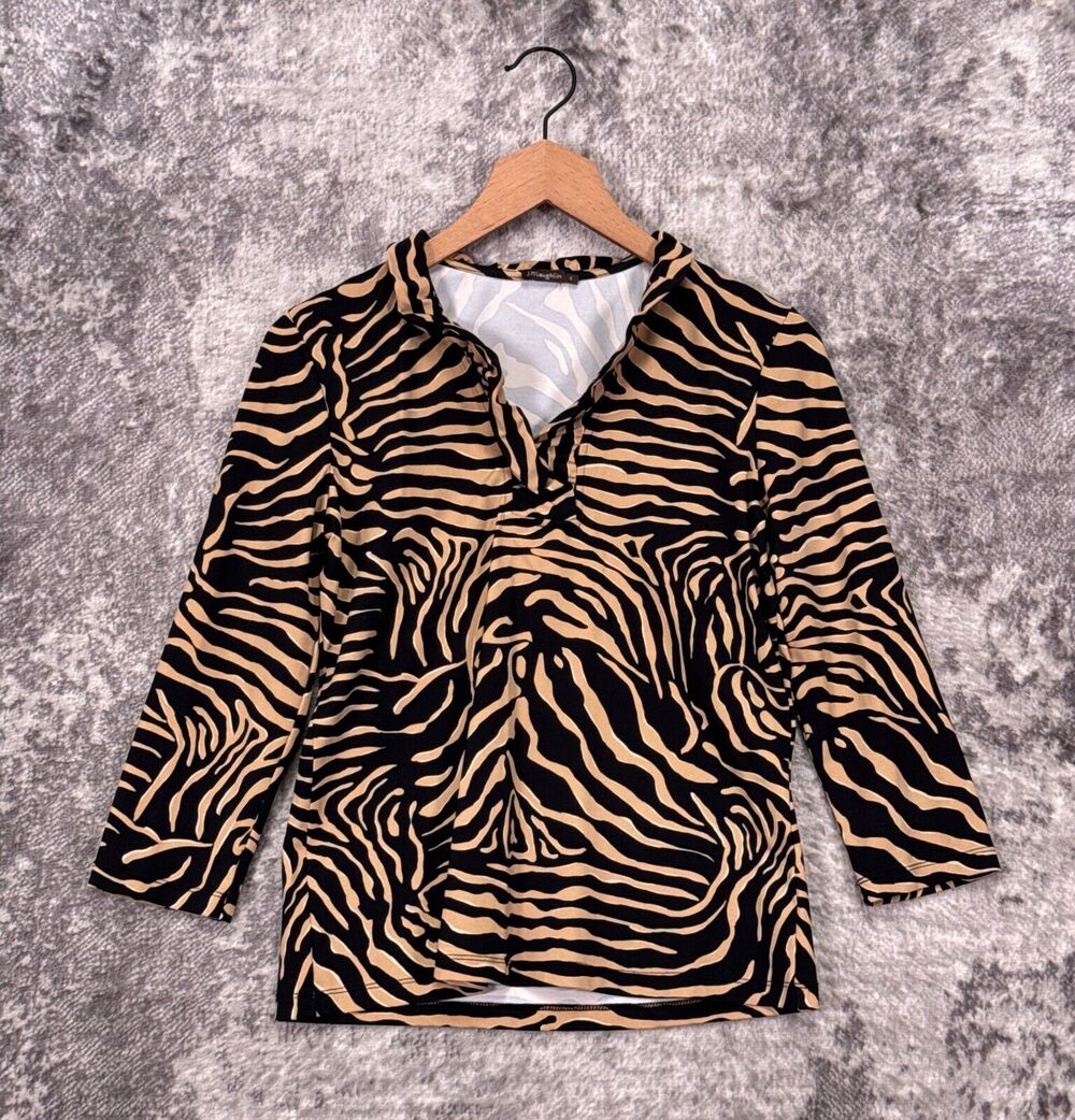 J McLaughlin Top Small Womens Catalina Cloth Ruffle Collar Black Tan Zebra